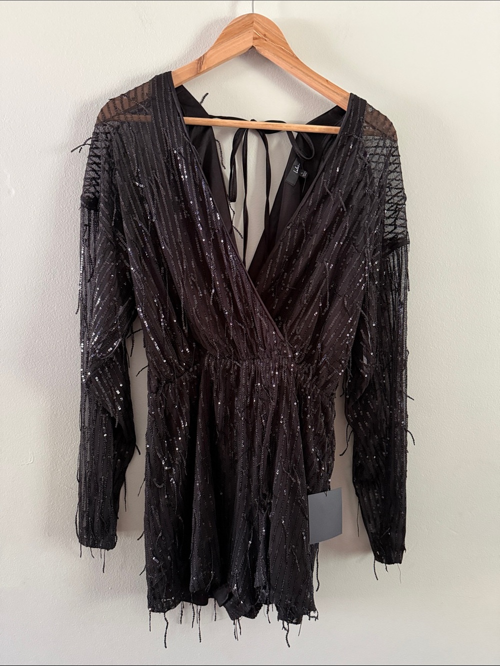 Black Sequin Long-Sleeve Wrap Dress
